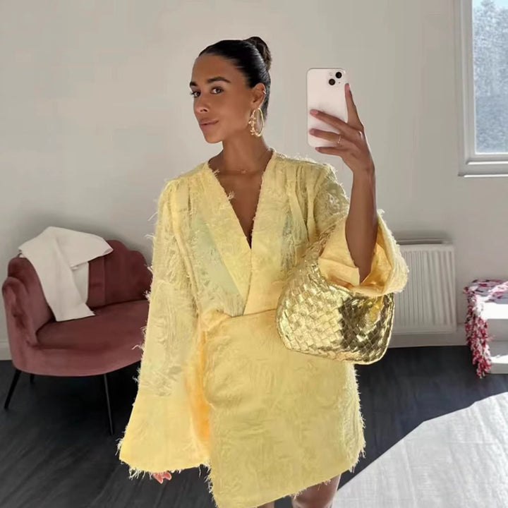 Damer elegant omlotklänning med voluminösa ärmar Mirla-Eva Jonsson