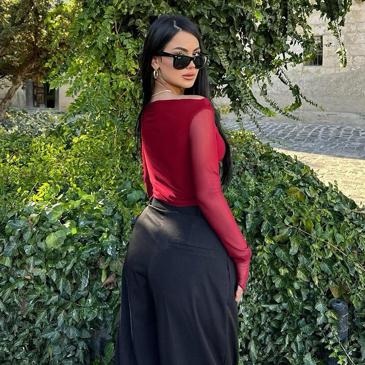 Damer elegant omslagstopp med axel-fri design och transparenta ärmar Mirla-Eva Jonsson