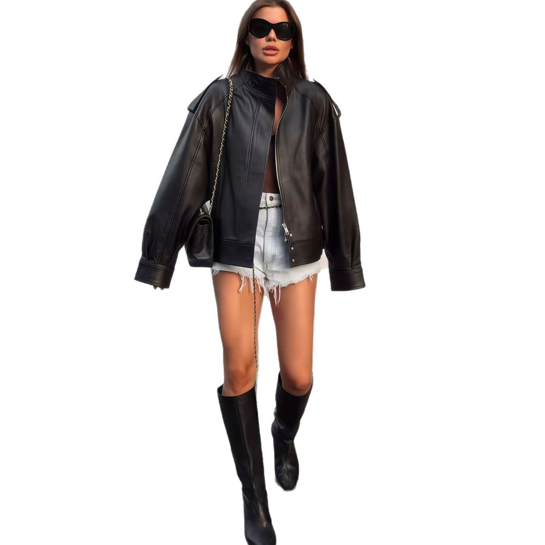 Damer elegant oversized läderjacka med hög krage och praktiska fickor Eva Jonsson-Eva Jonsson