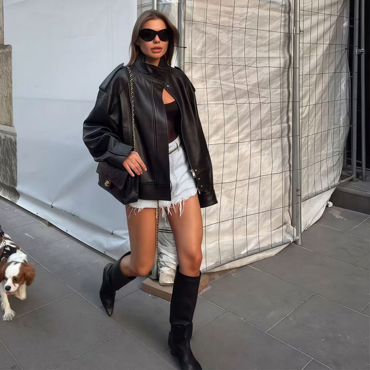 Damer elegant oversized läderjacka med hög krage och praktiska fickor Eva Jonsson-Eva Jonsson