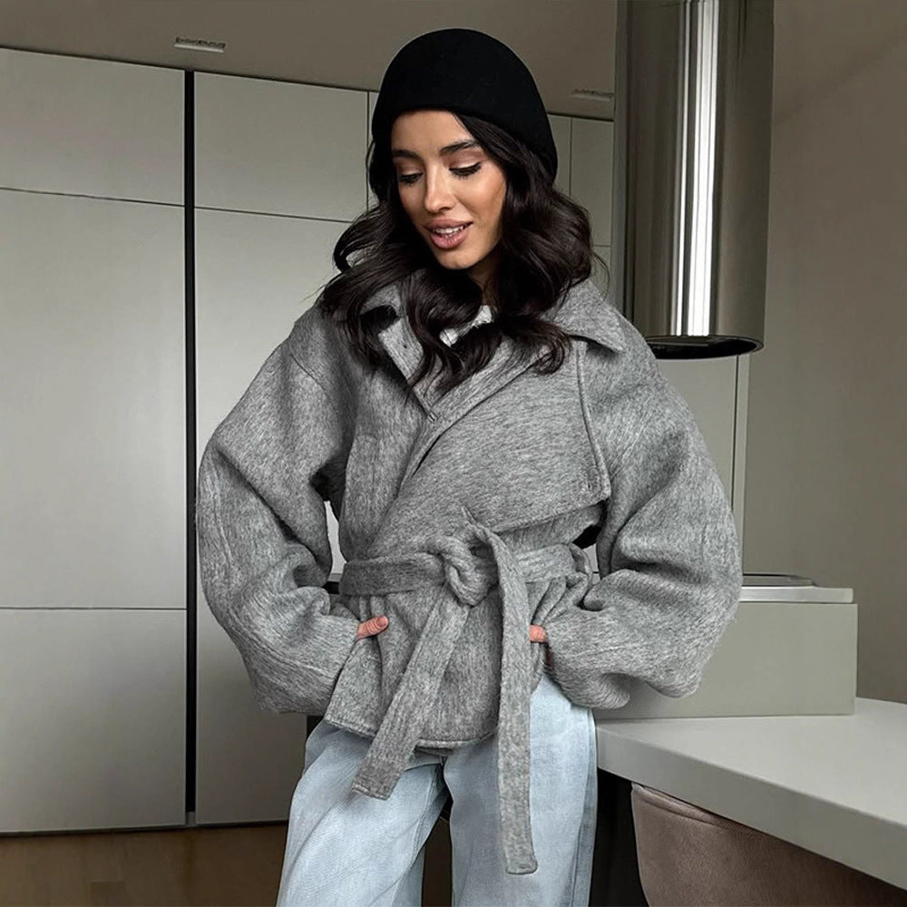 Damer elegant oversized ulljacka med bälte Mirla-Eva Jonsson