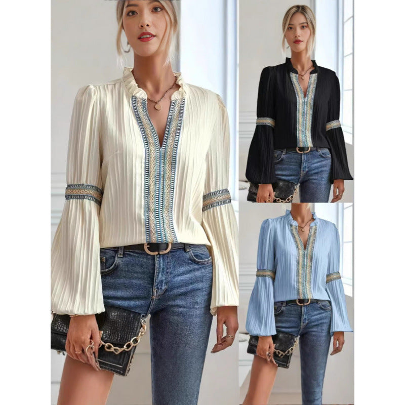 Damer elegant plisserad blus med dekorerade kantband Eva Jonsson-Eva Jonsson
