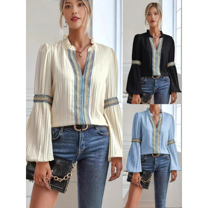 Damer elegant plisserad blus med dekorerade kantband Eva Jonsson-Eva Jonsson