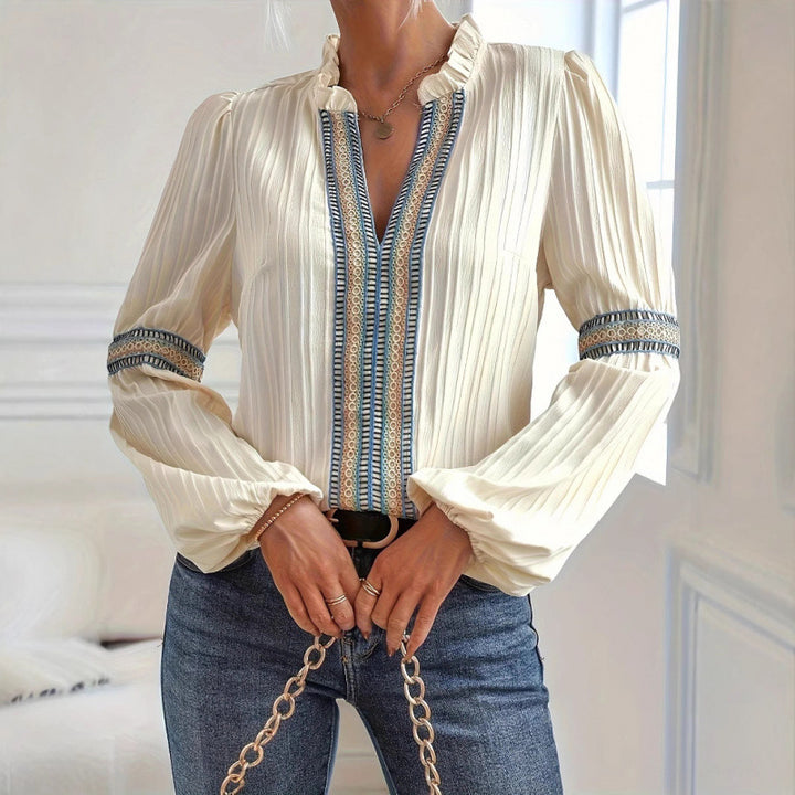 Damer elegant plisserad blus med dekorerade kantband Eva Jonsson-Eva Jonsson