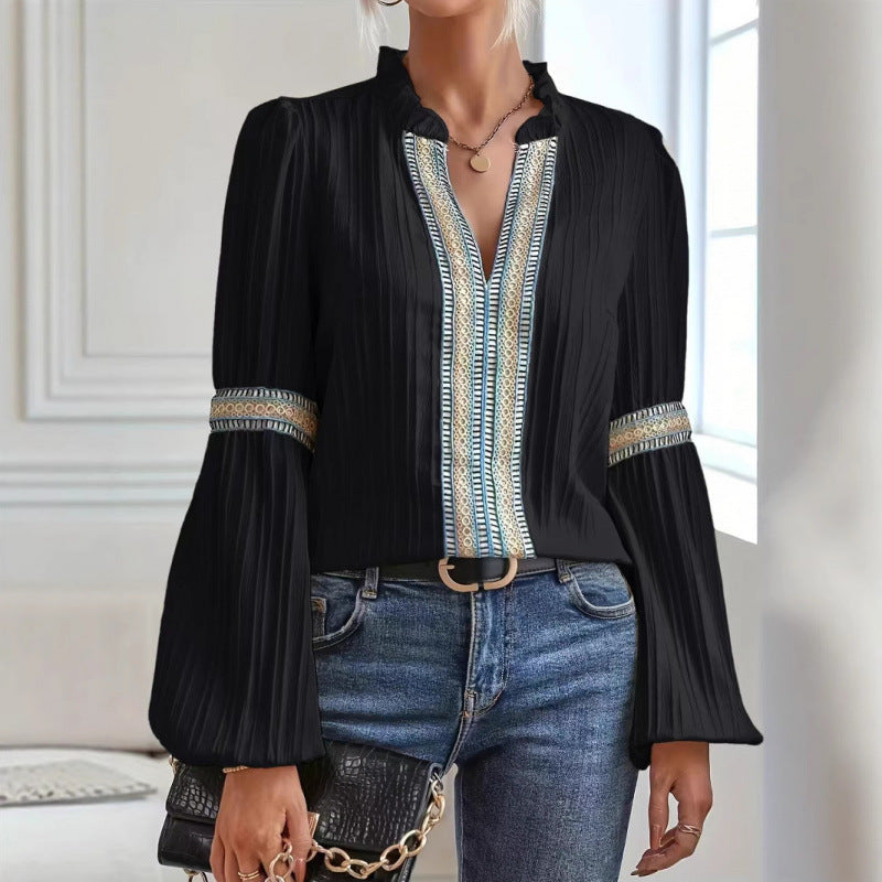 Damer elegant plisserad blus med dekorerade kantband Eva Jonsson-Eva Jonsson
