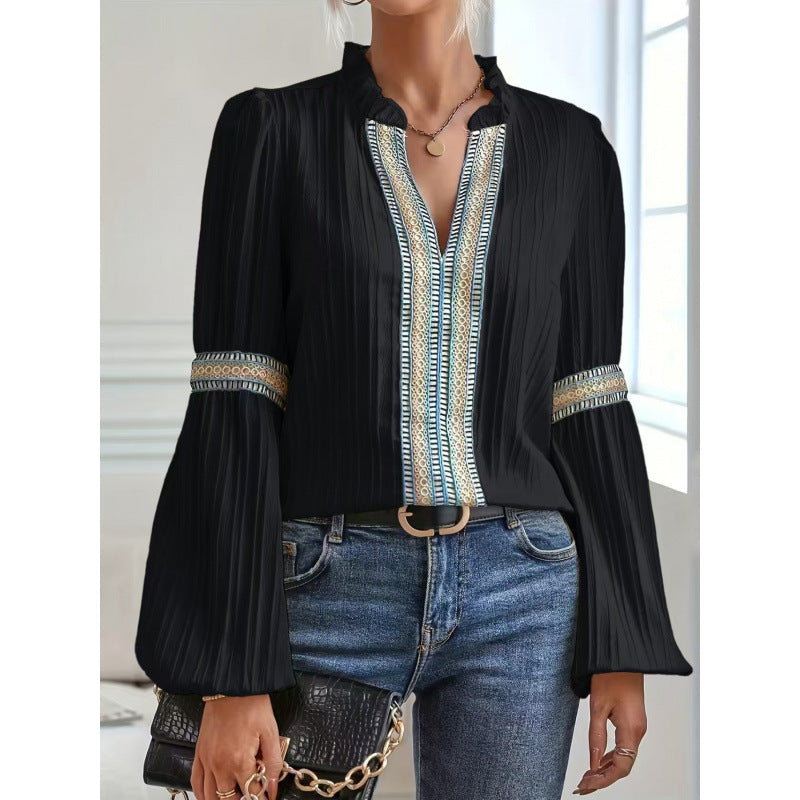 Damer elegant plisserad blus med dekorerade kantband Eva Jonsson-Eva Jonsson