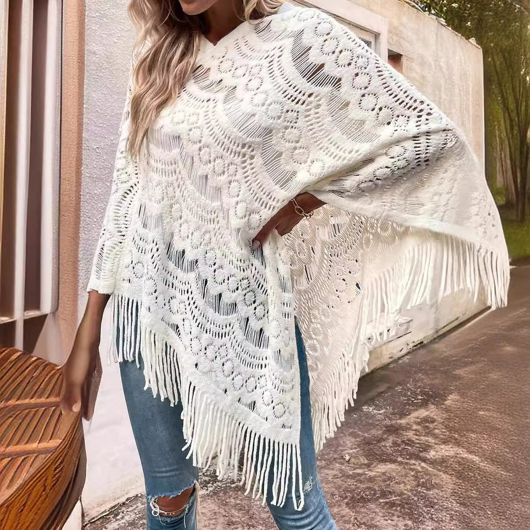 Damer elegant poncho med dekorativt virkade mönster Mirla-Eva Jonsson