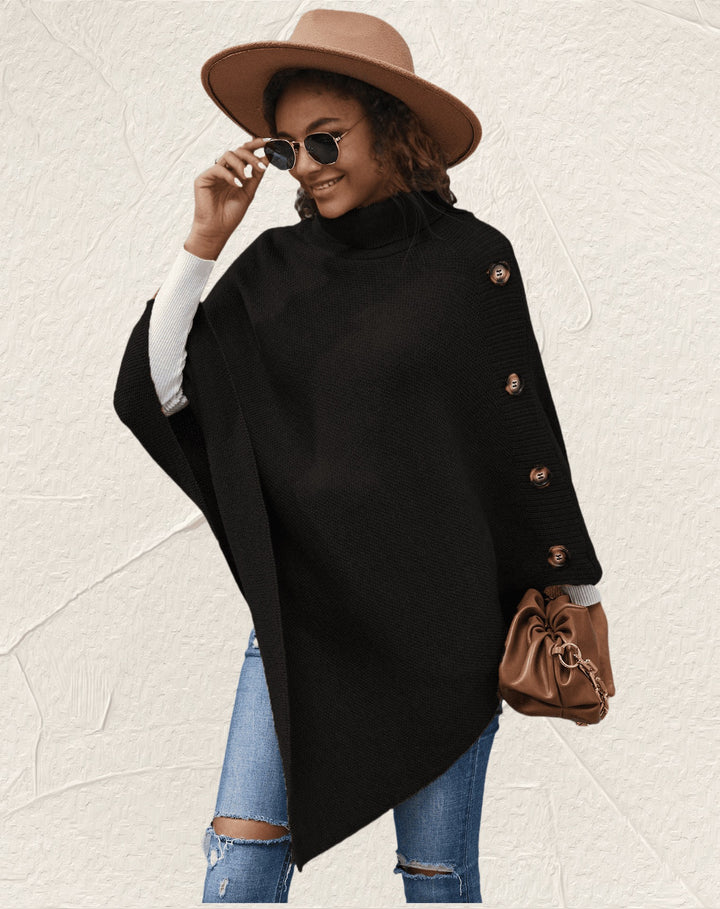 Damer elegant poncho med hög krage och dekorativa knappar Mirla-Eva Jonsson