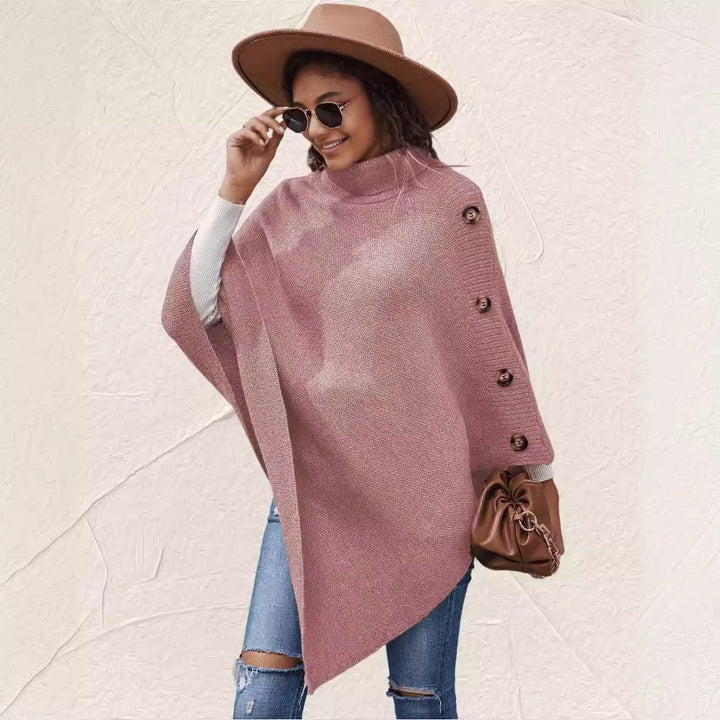 Damer elegant poncho med hög krage och dekorativa knappar Mirla-Eva Jonsson