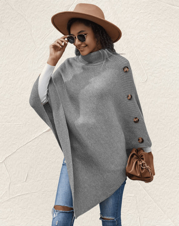Damer elegant poncho med hög krage och dekorativa knappar Mirla-Eva Jonsson