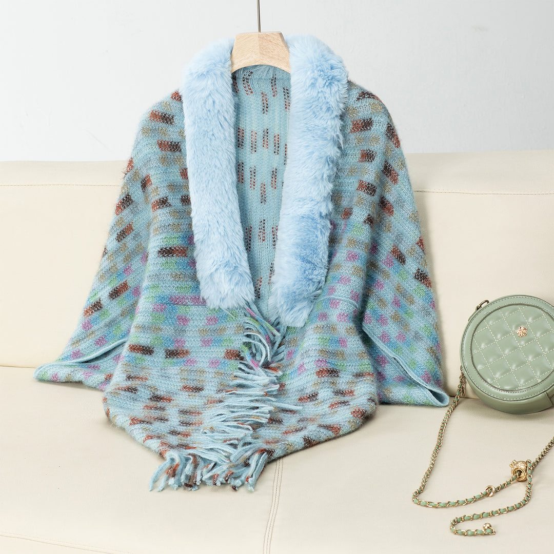 Damer elegant poncho med lyxig konstpälskrage och fransar Mirla-Eva Jonsson
