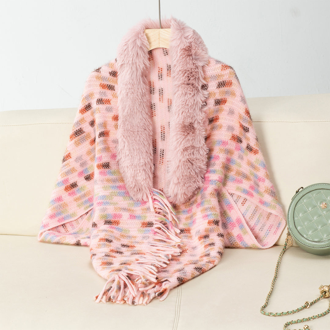 Damer elegant poncho med lyxig konstpälskrage och fransar Mirla-Eva Jonsson