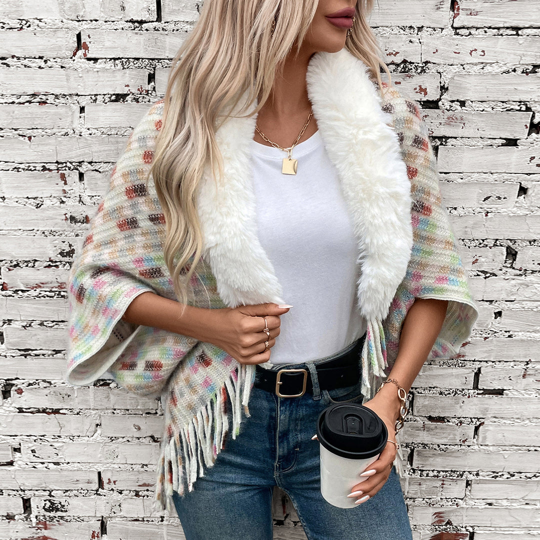 Damer elegant poncho med lyxig konstpälskrage och fransar Mirla-Eva Jonsson