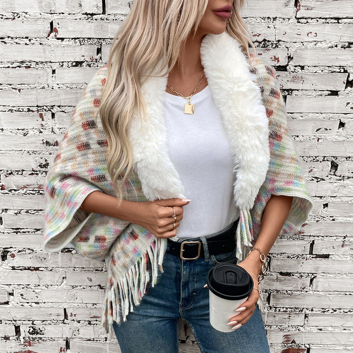 Damer elegant poncho med lyxig konstpälskrage och fransar Mirla-Eva Jonsson
