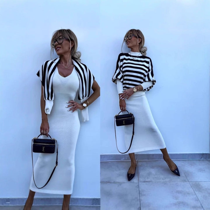 Damer elegant randig Midi-klänning med ärmlös topp och cardigan Mirla-Eva Jonsson