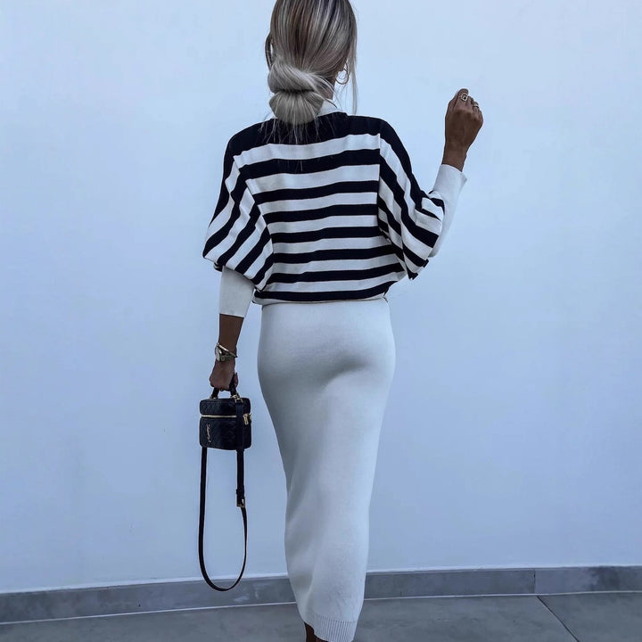 Damer elegant randig Midi-klänning med ärmlös topp och cardigan Mirla-Eva Jonsson