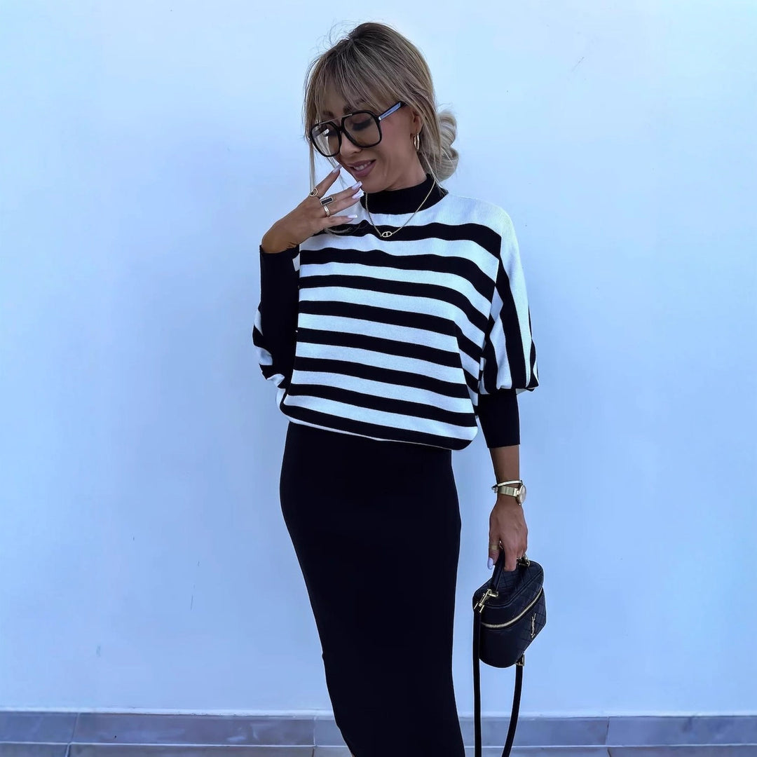 Damer elegant randig Midi-klänning med ärmlös topp och cardigan Mirla-Eva Jonsson
