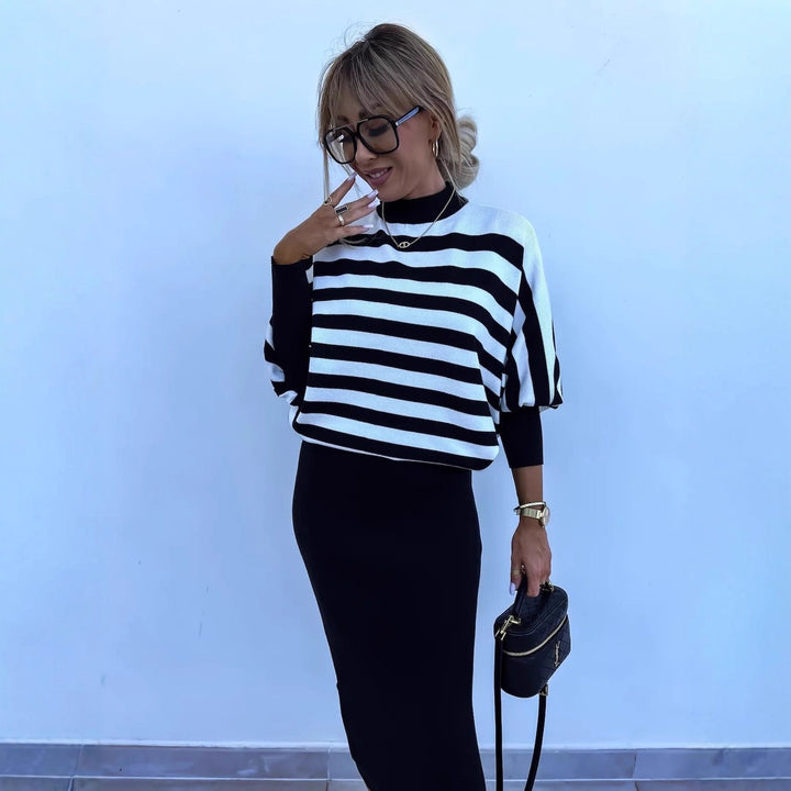 Damer elegant randig Midi-klänning med ärmlös topp och cardigan Mirla-Eva Jonsson