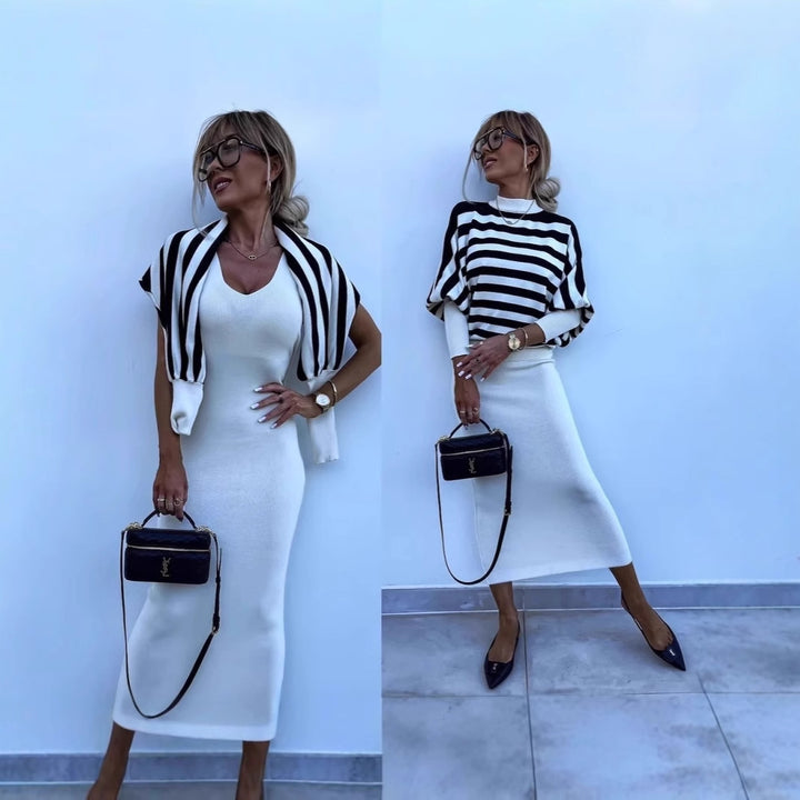 Damer elegant randig Midi-klänning med ärmlös topp och cardigan Mirla-Eva Jonsson