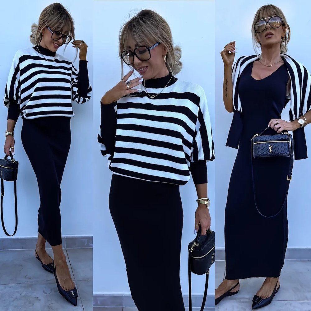 Damer elegant randig Midi-klänning med ärmlös topp och cardigan Mirla-Eva Jonsson