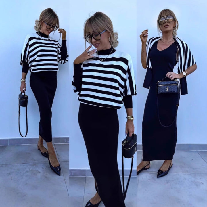 Damer elegant randig Midi-klänning med ärmlös topp och cardigan Mirla-Eva Jonsson