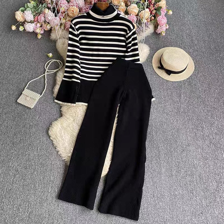 Damer elegant randigt stickat set med hög krage och vida ben Mirla-Eva Jonsson