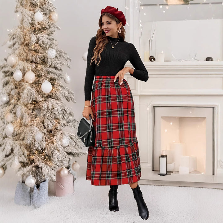 Damer elegant rutkjol med volang Mirla-Eva Jonsson