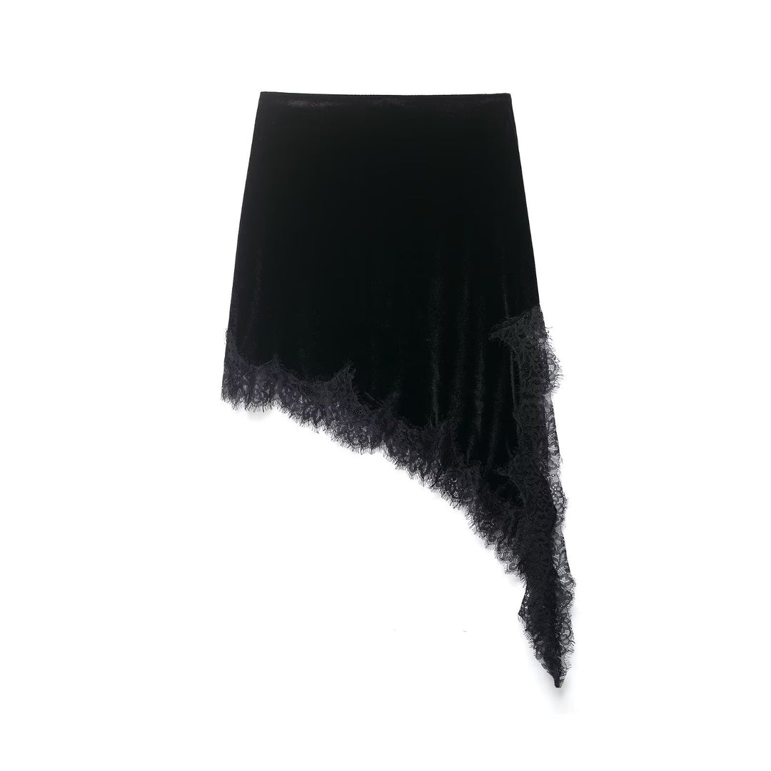 Damer elegant sammet wrap skirt med konstfull spetsdekoration Mirla-Eva Jonsson