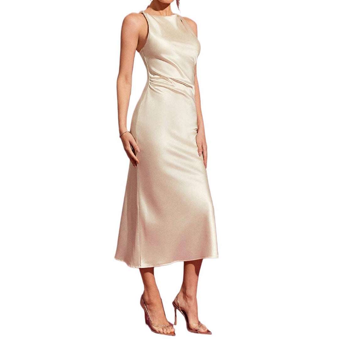 Damer elegant satin cocktailklänning med asymmetrisk skärning och figurnära design Mirla-Eva Jonsson