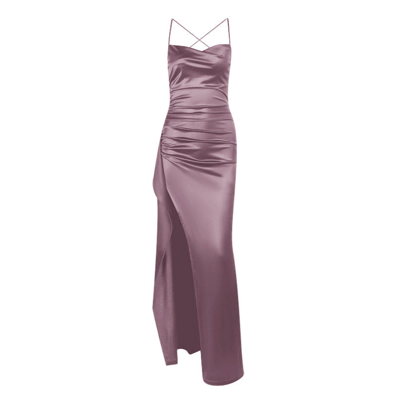 Damer elegant satin klänning med djup slits och justerbara Spagettiband Mirla-Eva Jonsson