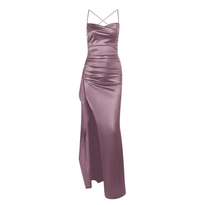 Damer elegant satin klänning med djup slits och justerbara Spagettiband Mirla-Eva Jonsson