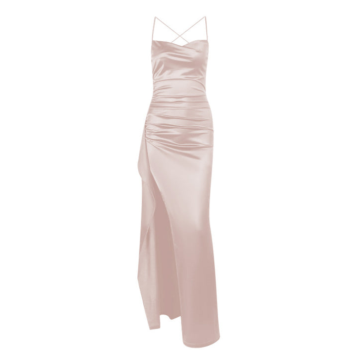 Damer elegant satin klänning med djup slits och justerbara Spagettiband Mirla-Eva Jonsson