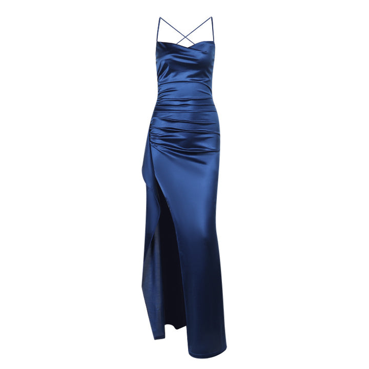 Damer elegant satin klänning med djup slits och justerbara Spagettiband Mirla-Eva Jonsson