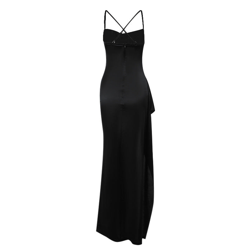 Damer elegant satin klänning med djup slits och justerbara Spagettiband Mirla-Eva Jonsson