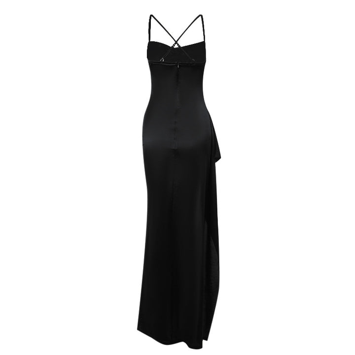 Damer elegant satin klänning med djup slits och justerbara Spagettiband Mirla-Eva Jonsson