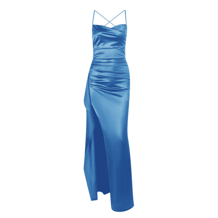 Damer elegant satin klänning med djup slits och justerbara Spagettiband Mirla-Eva Jonsson
