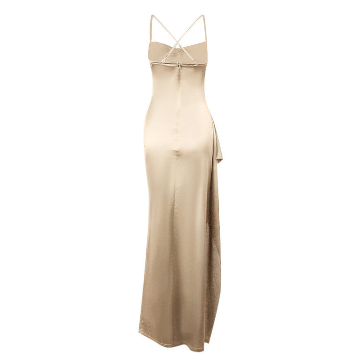 Damer elegant satin klänning med djup slits och justerbara Spagettiband Mirla-Eva Jonsson