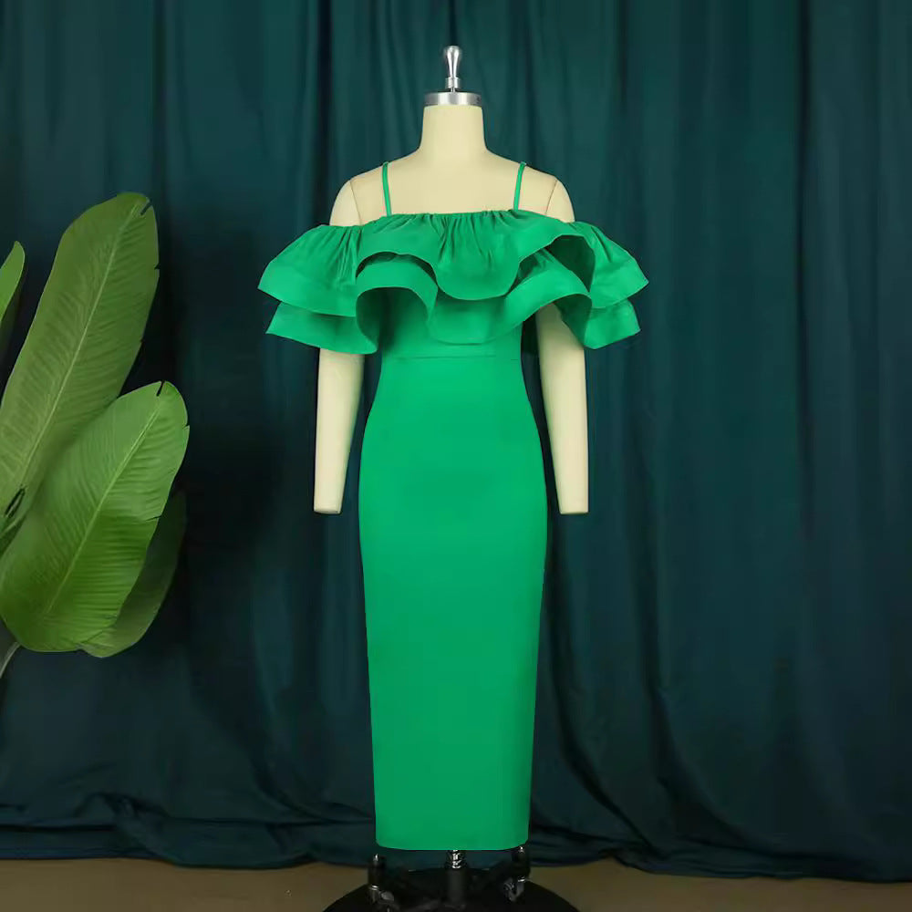 Damer elegant satin-klänning med voluminös volang nederkant Mirla-Eva Jonsson