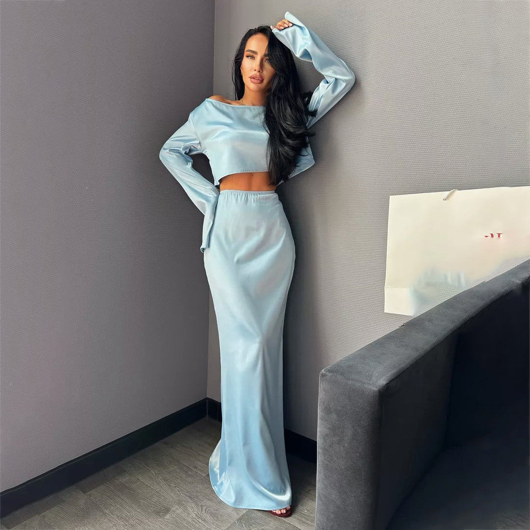 Damer elegant satin långärmad klänning Mirla-Eva Jonsson
