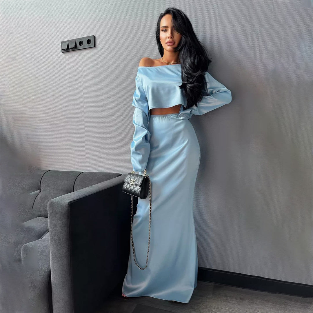 Damer elegant satin långärmad klänning Mirla-Eva Jonsson