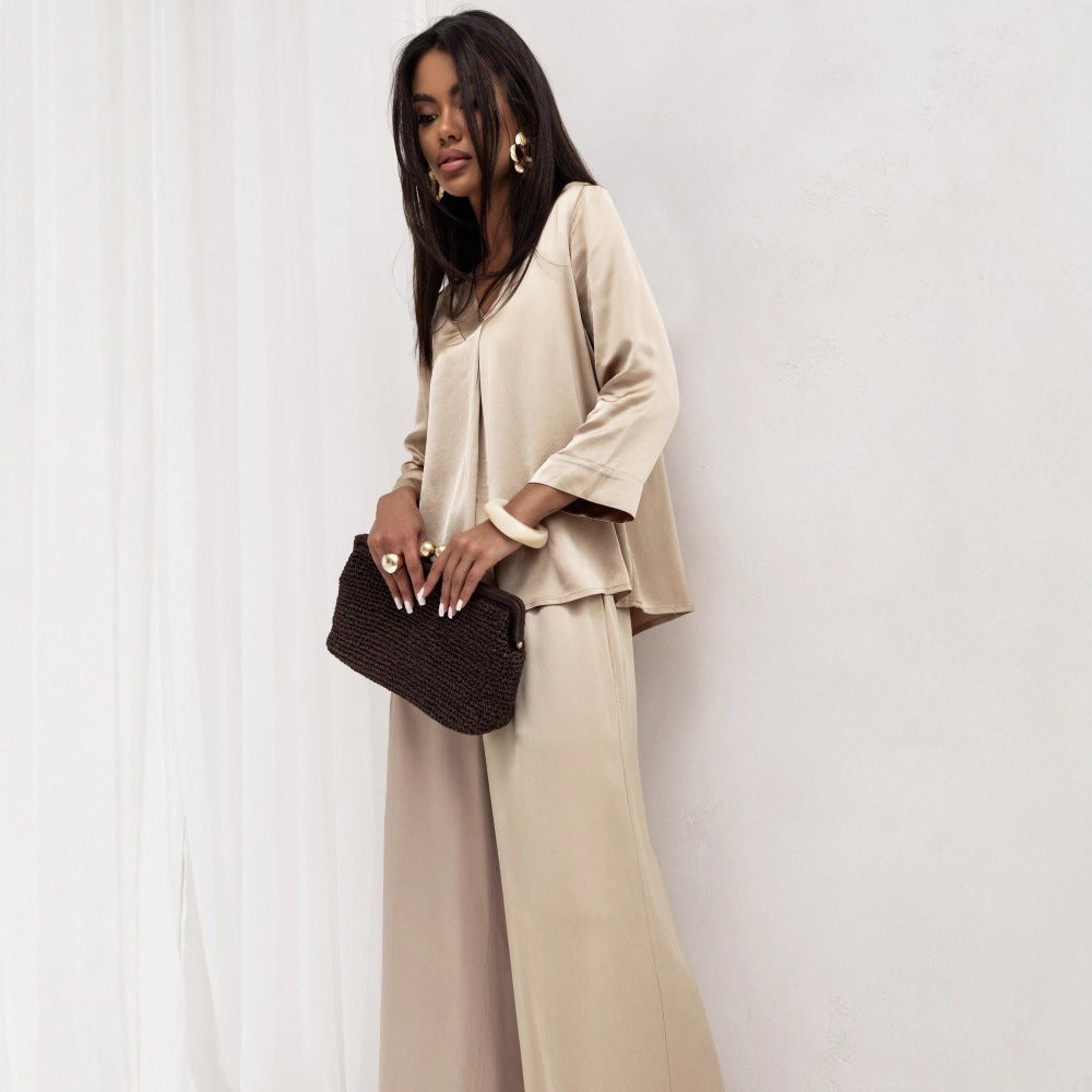 Damer elegant satin lounge wear-set med lös passform och klassisk krage Mirla-Eva Jonsson