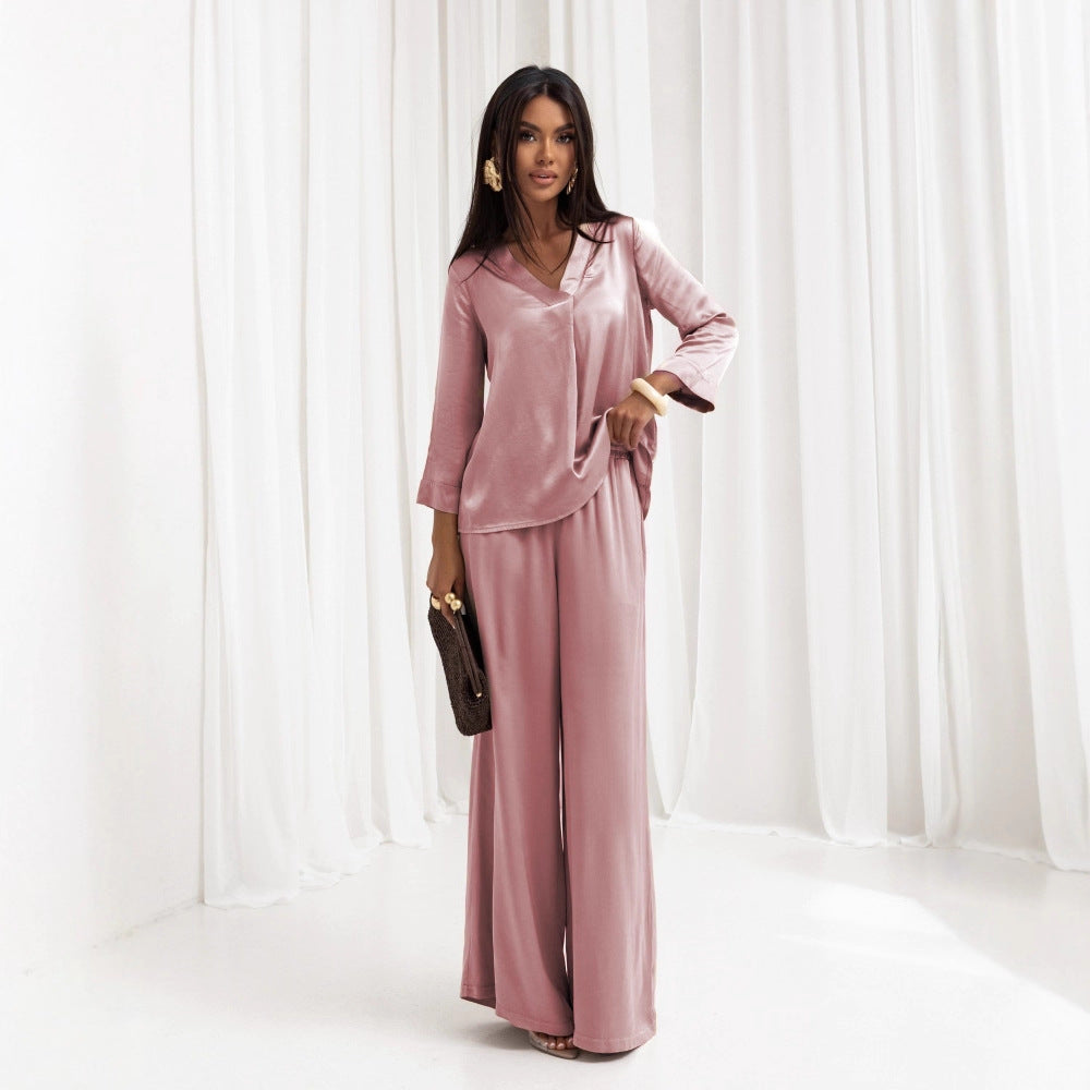 Damer elegant satin lounge wear-set med lös passform och klassisk krage Mirla-Eva Jonsson