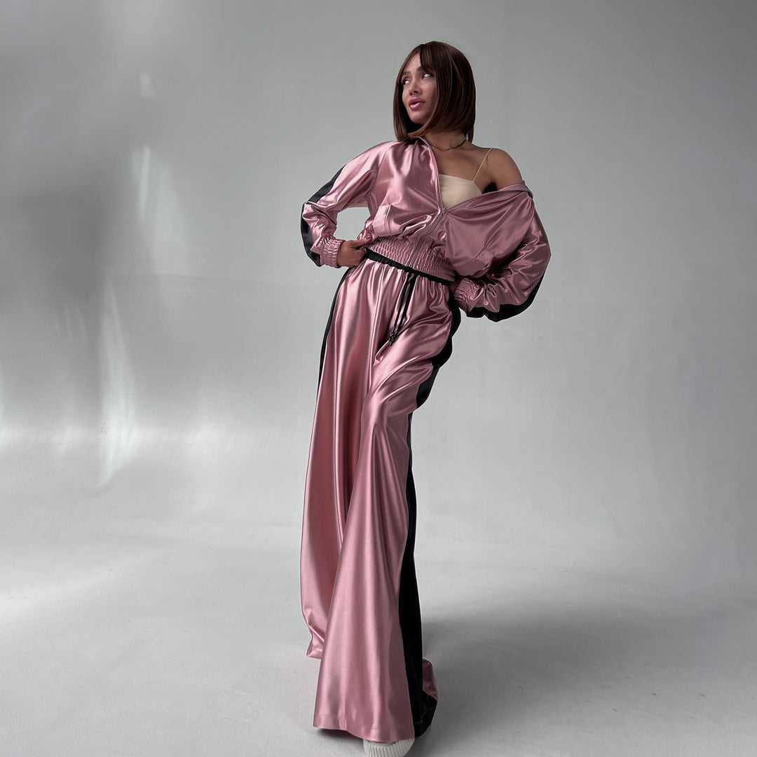 Damer elegant satin maxiklänning med kontrasterande ärmar Mirla-Eva Jonsson