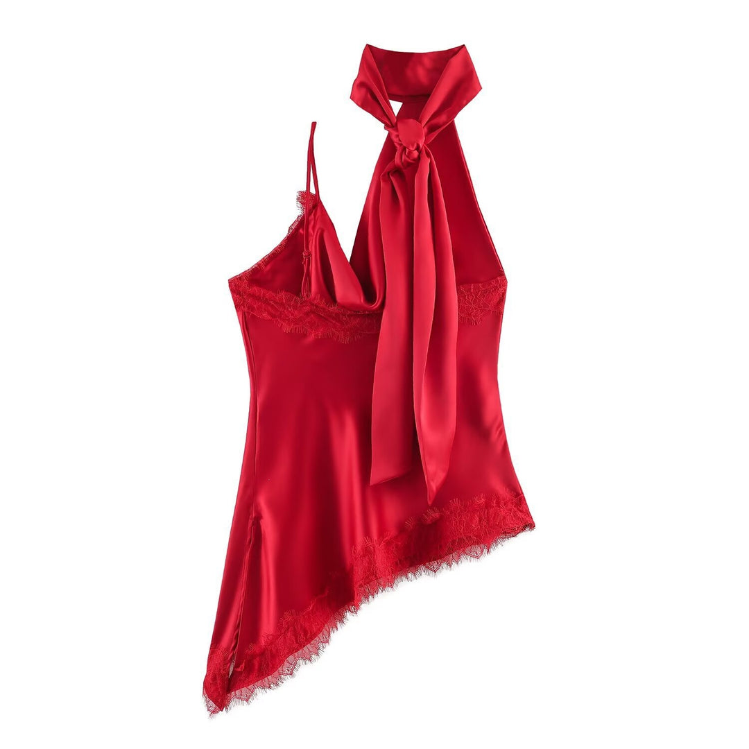 Damer elegant satin-top med asymmetrisk nederkant och spetsdetaljer Mirla-Eva Jonsson