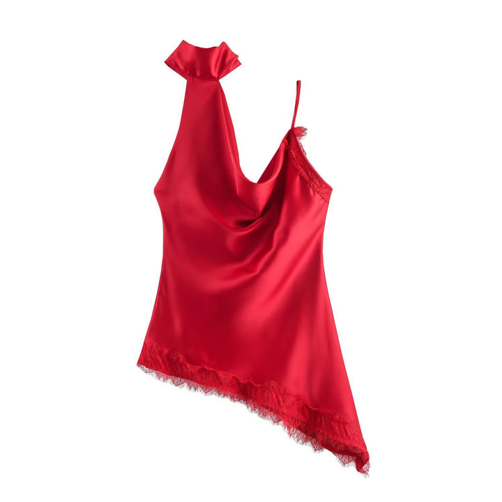 Damer elegant satin-top med asymmetrisk nederkant och spetsdetaljer Mirla-Eva Jonsson