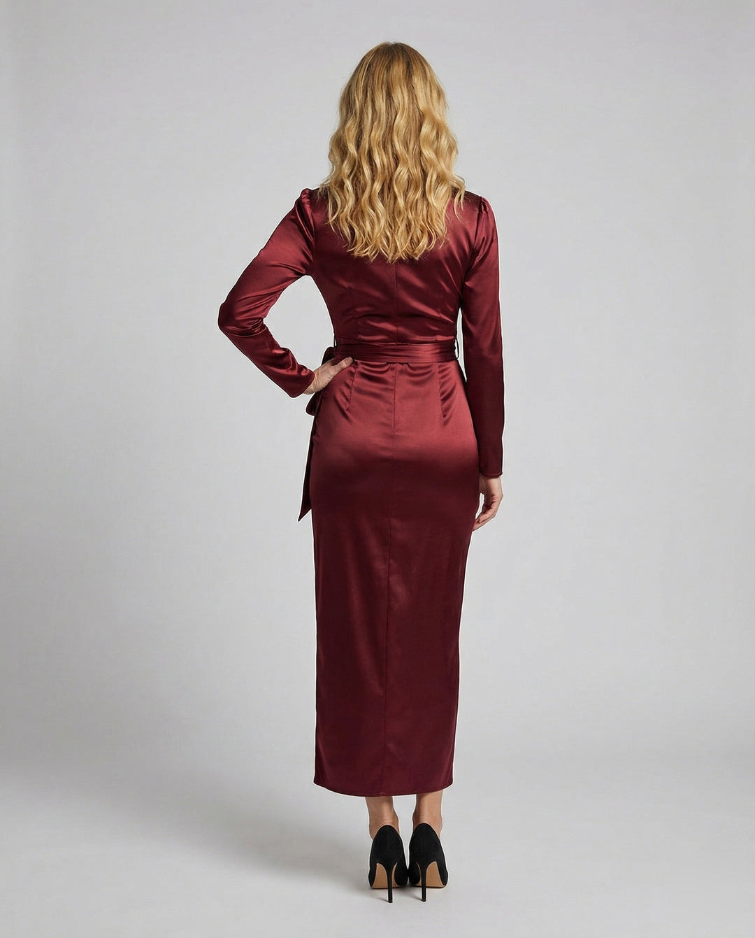 Damer elegant satin wrap dress med knytmidja-Eva Jonsson