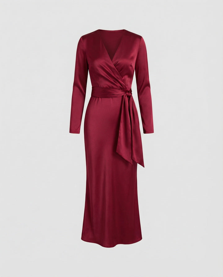 Damer elegant satin wrap dress med knytmidja-Eva Jonsson