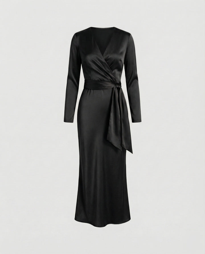 Damer elegant satin wrap dress med knytmidja-Eva Jonsson