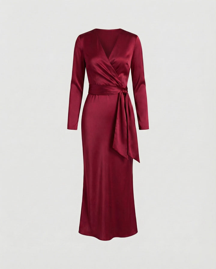 Damer elegant satin wrap dress med knytmidja-Eva Jonsson