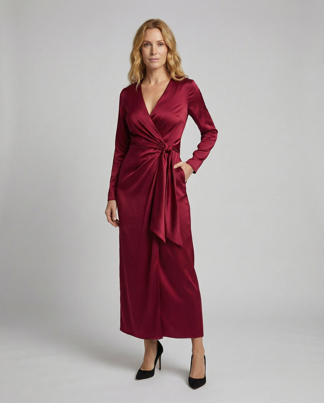 Damer elegant satin wrap dress med knytmidja-Eva Jonsson